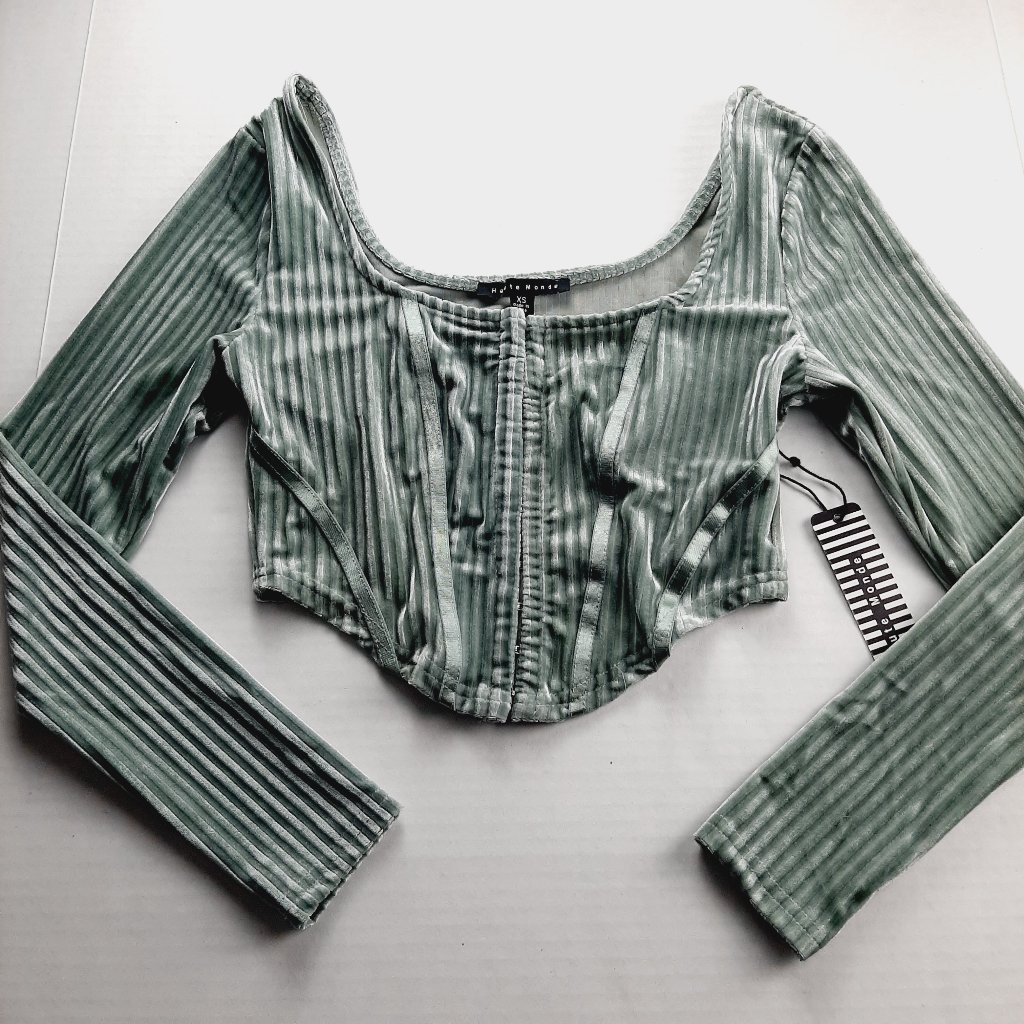 Haute Monde Cropped Corset Top Women's Size Xs Green Ribbed Velour Long Sleeve